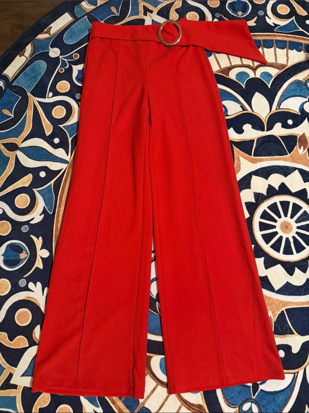 Gracia Red Wide-Leg Belted Pants with Ring Detail